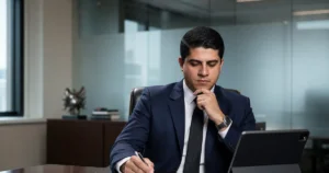 Advogado em escritório executivo revisando documentos societários com postura profissional.