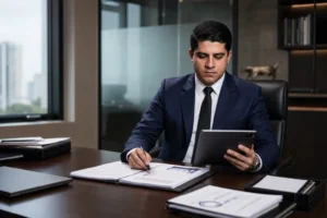 Executivos analisando checklist e documentos de due diligence empresarial em sala de reuniao corporativa.