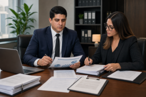 Equipe analisando planilhas e documentos em auditoria trabalhista empresarial.