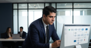 Executivo corporativo revisando fluxos de trabalho e contratos digitais na tela de um monitor em escritório moderno da MFP Advogados.