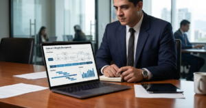 Notebook com tabelas e cronogramas contratuais sobre uma mesa de conselho executivo na MFP Advogados.