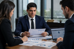 Equipe executiva analisando documentos de contencioso tributario administrativo e planilhas fiscais em reuniao corporativa.