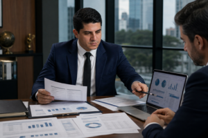 Executivos revisando certidoes e dashboard fiscal durante due diligence tributaria em reuniao corporativa.