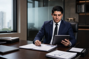 Executivos analisando checklist e documentos de due diligence empresarial em sala de reuniao corporativa.