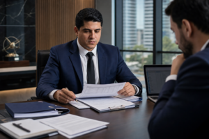 Executivos revisando contratos e checklist de due diligence juridica em operacao de aquisicao empresarial.