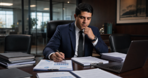 Executivos analisando contratos, riscos trabalhistas e tributários em due diligence de compra de empresa.