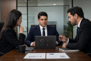 Equipe de RH, jurídico e SST revisando riscos psicossociais e documentos da NR-1 em reunião corporativa.