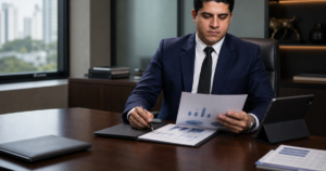 Executivo jurídico revisando relatórios financeiros em ambiente corporativo.