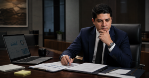 Executivos analisando valuation e documentos jurídicos em negociação empresarial.